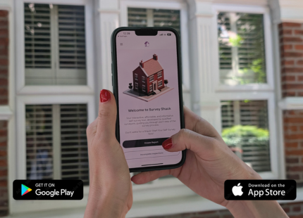 Survey Shack welcome screen with app store links