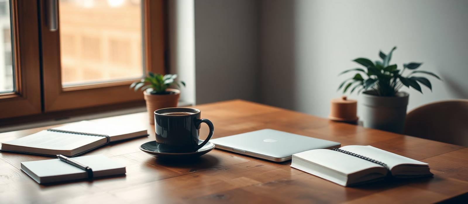 Home study desk with laptop and coffee