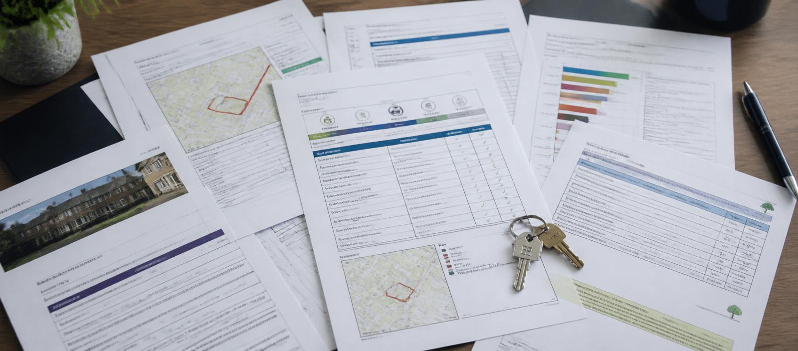 Property documents, keys and a magnifying glass
